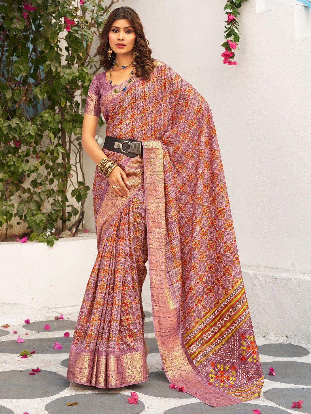 mitera mauve & orange ethnic motifs zari sungudi saree