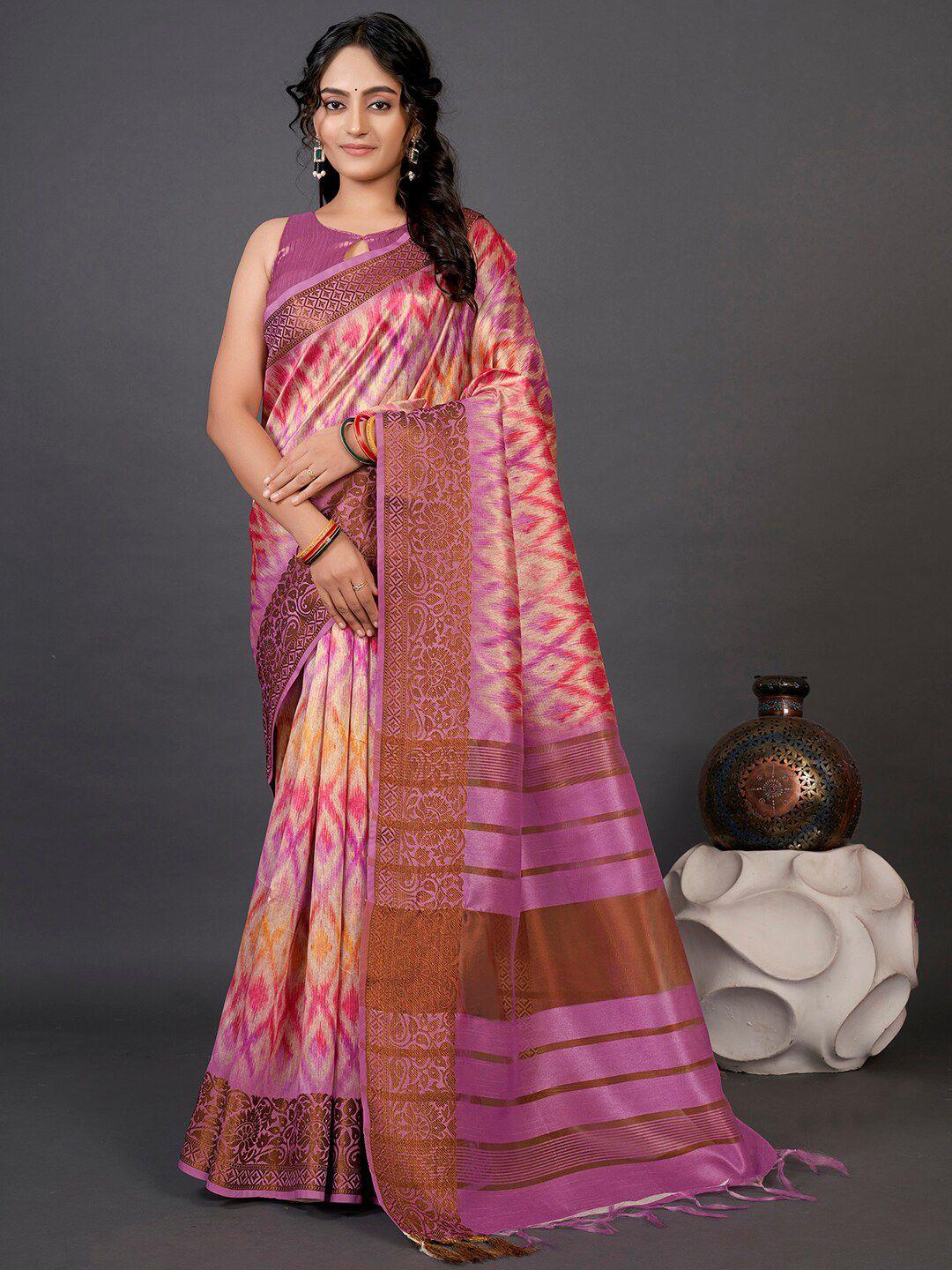 mitera mauve & pink woven design zari silk cotton sungudi saree