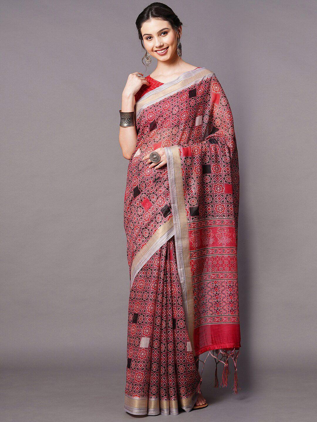 mitera mauve & red ethnic motifs linen blend saree