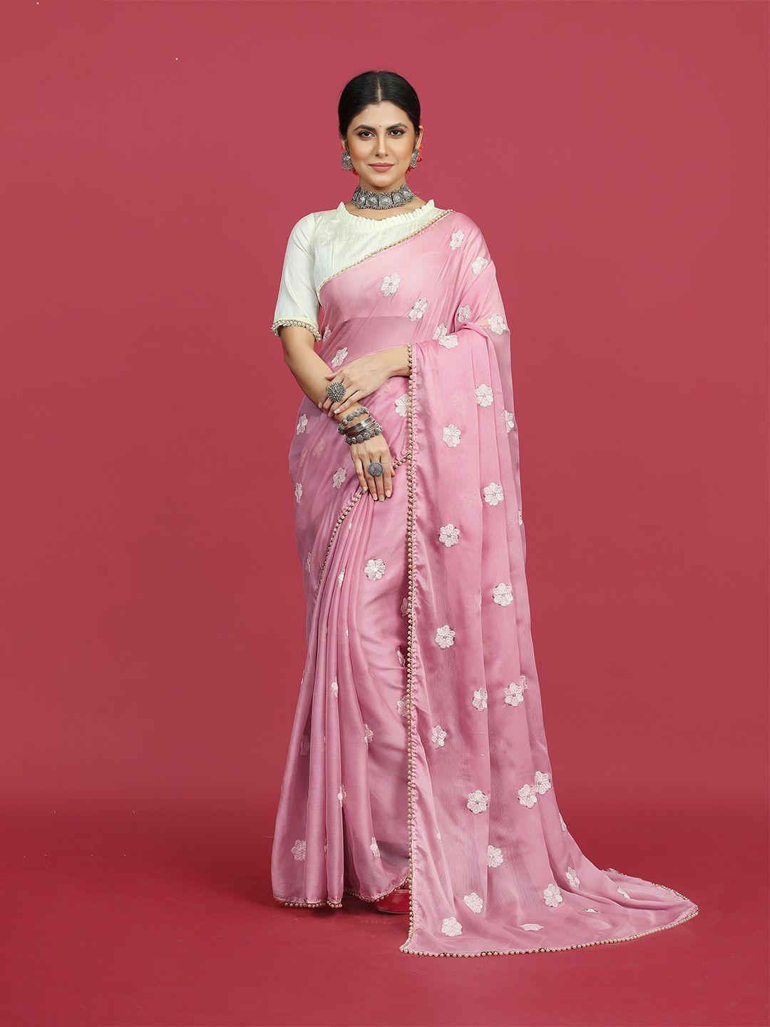 mitera mauve & white floral sequinned chiffon saree