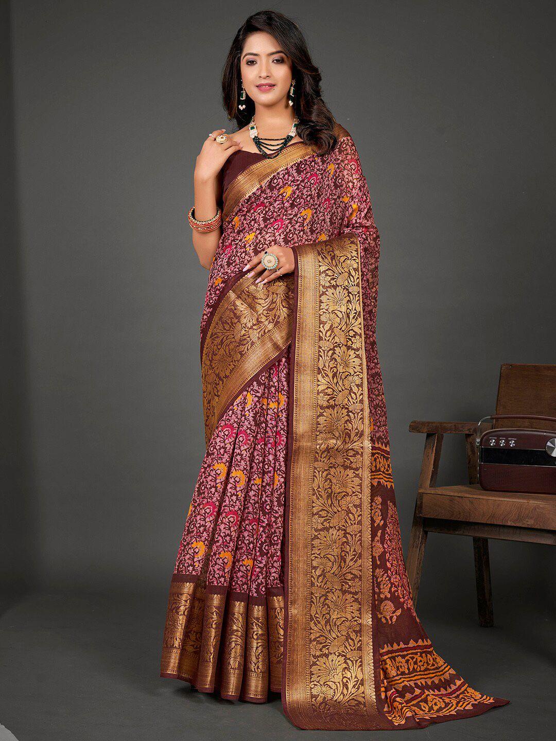 mitera mauve & yellow ethnic motifs printed zari sungudi saree