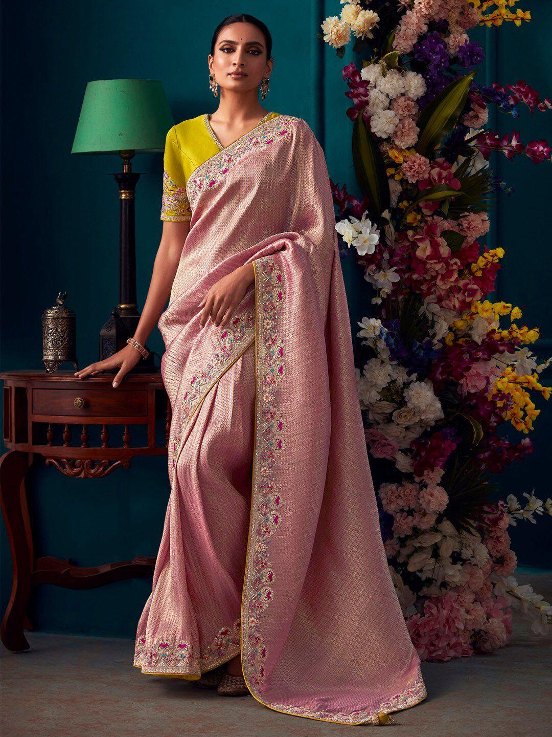 mitera mauve ethnic motifs woven designed embroidered banarasi saree