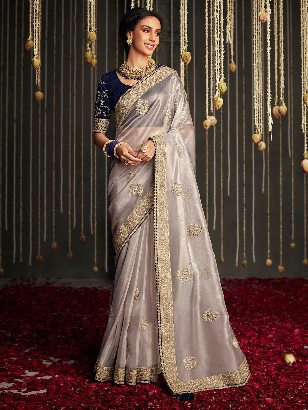 mitera metallic toned ethnic motifs embroidered saree