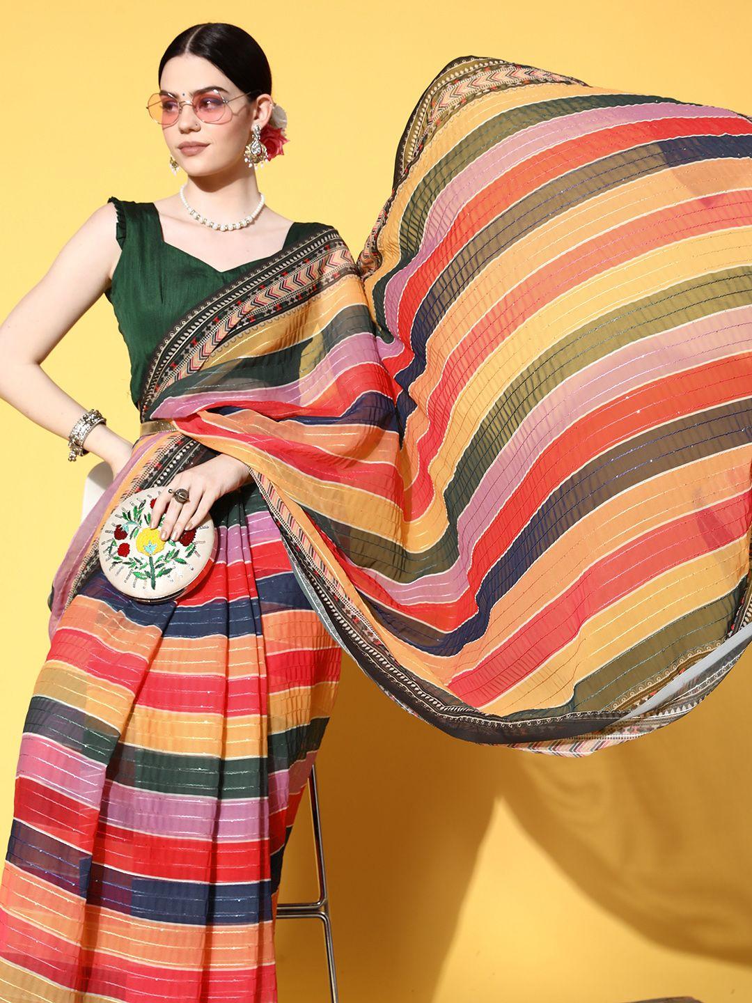 mitera multicoloured striped sequinned saree