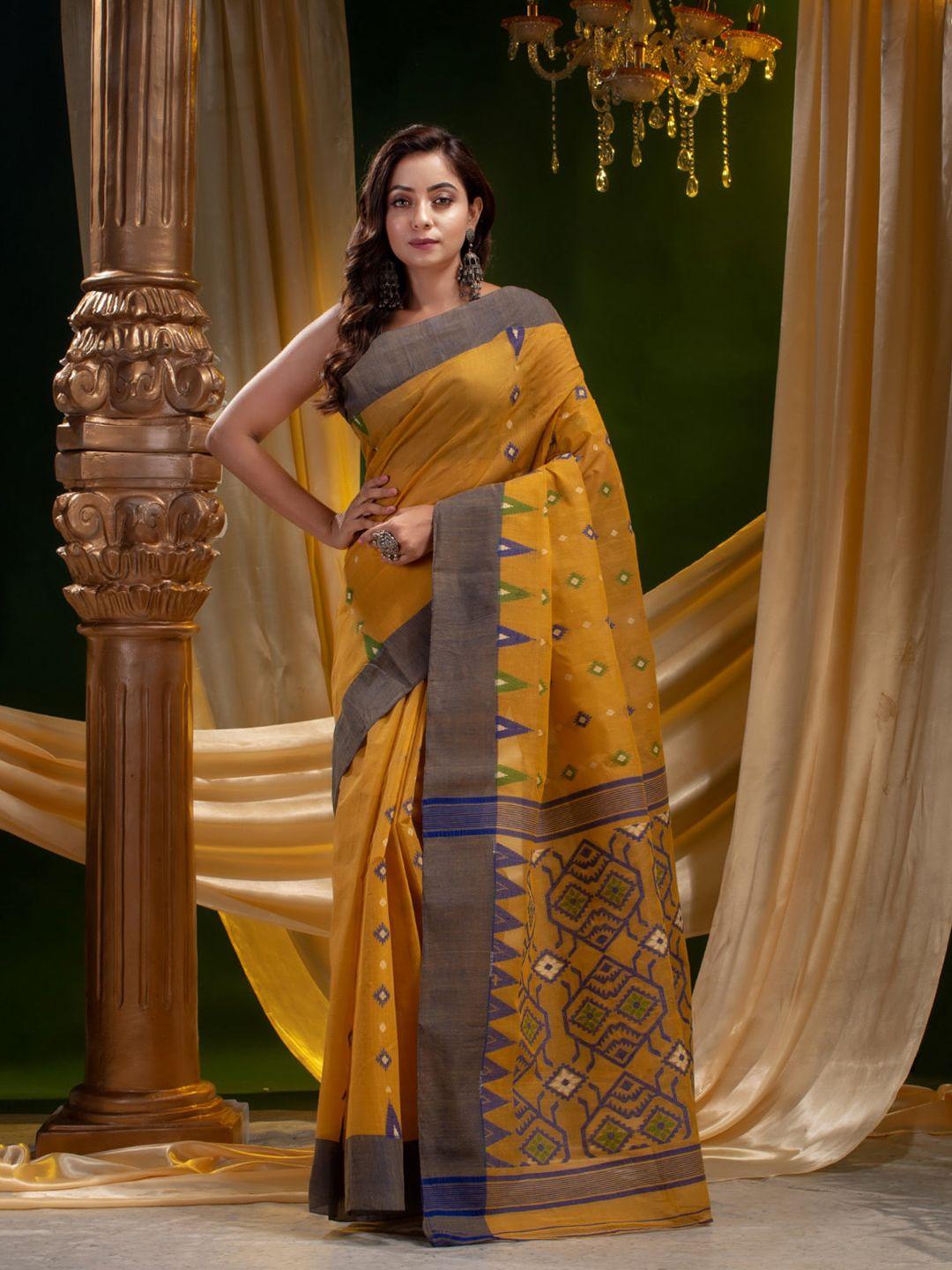 mitera mustard & blue pure cotton heavy work saree