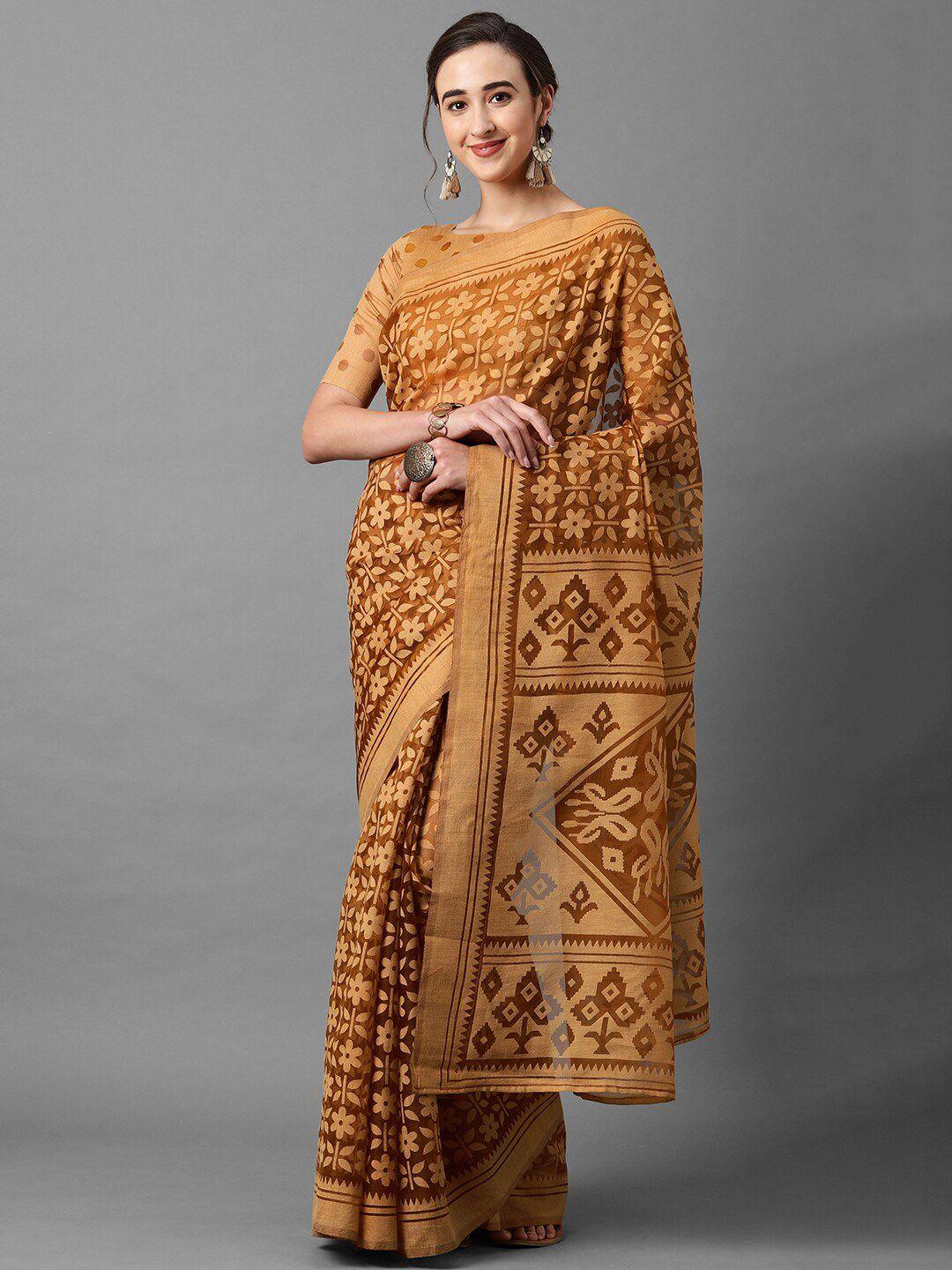 mitera mustard & brown floral chanderi brasso saree