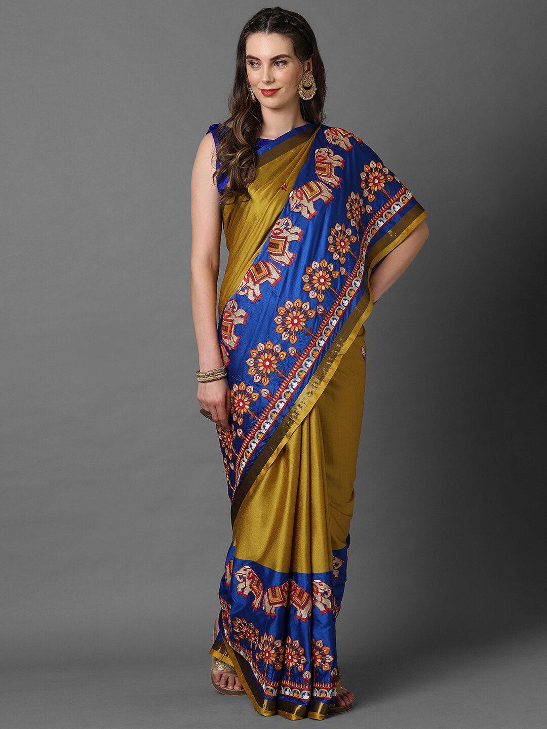 mitera mustard & gold-toned ethnic motifs embroidered satin chanderi saree