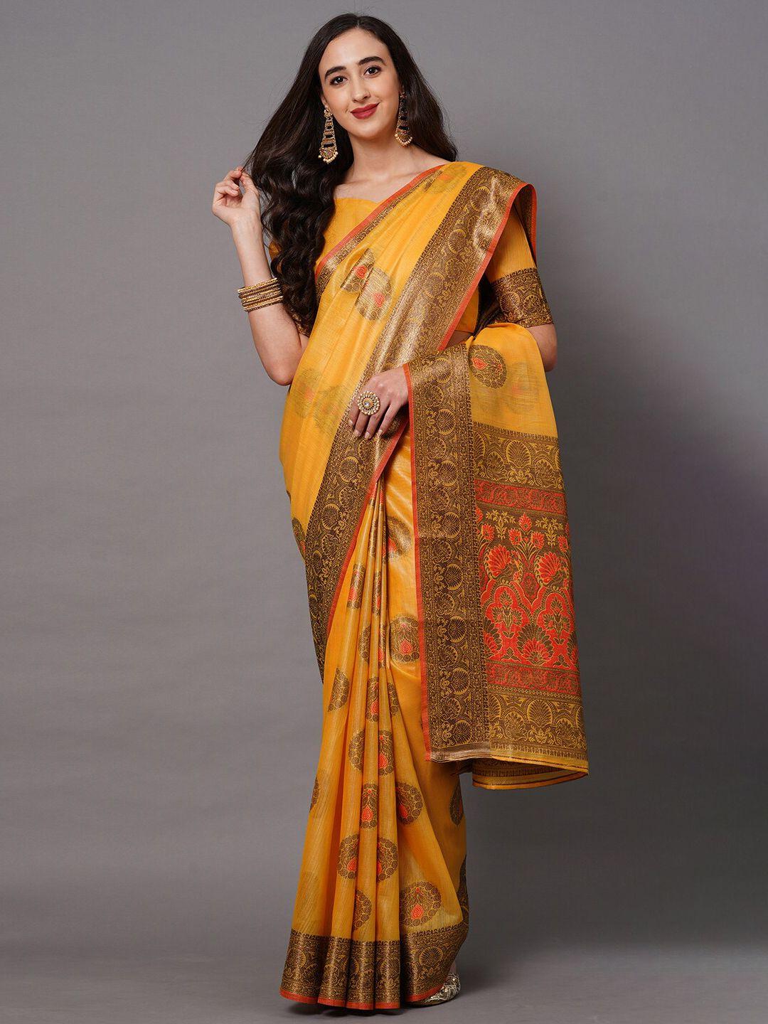 mitera mustard & gold-toned ethnic motifs zari banarasi saree