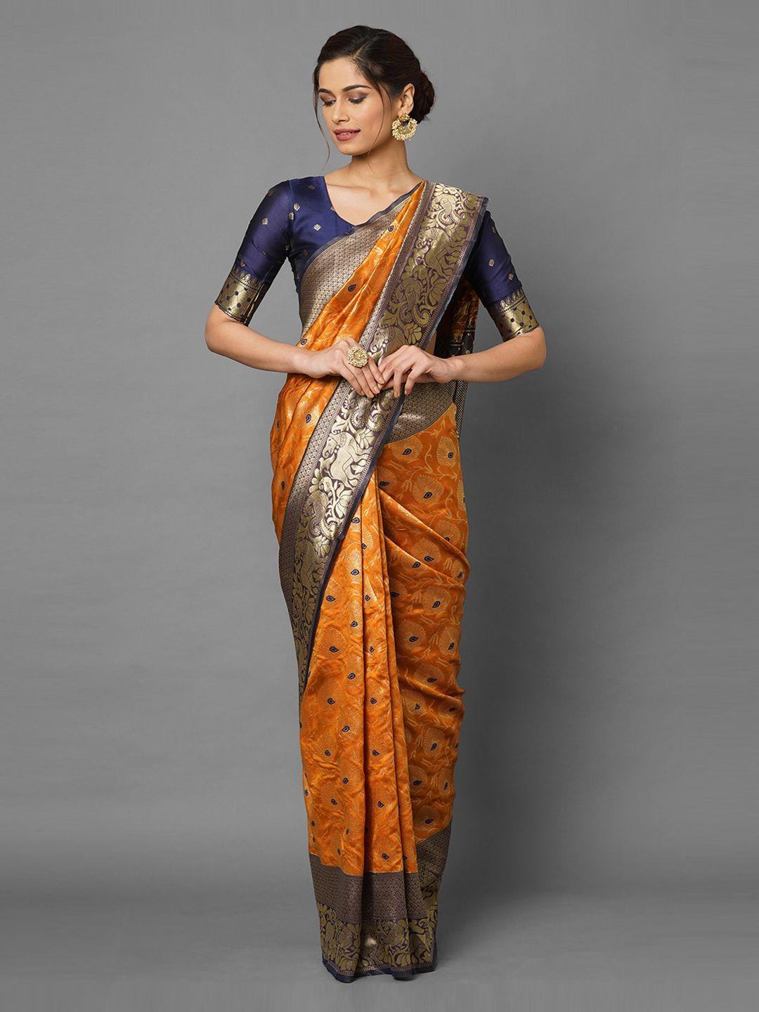 mitera mustard & gold-toned ethnic motifs zari silk blend banarasi saree