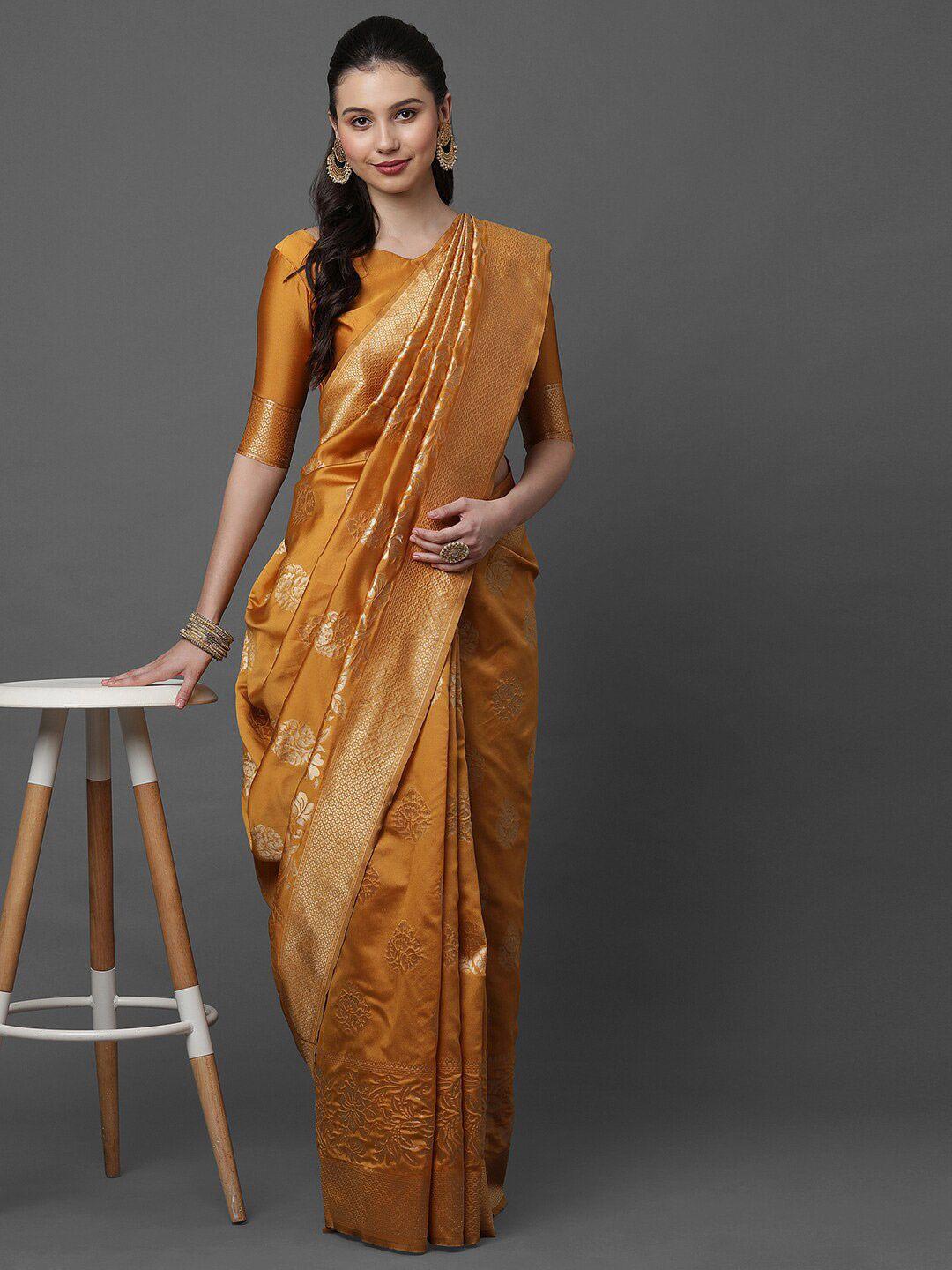 mitera mustard & gold-toned floral zari  banarasi silk blend saree