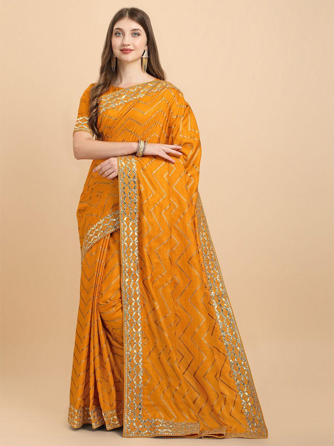 mitera mustard & gold-toned leheriya embroidered silk cotton leheriya saree