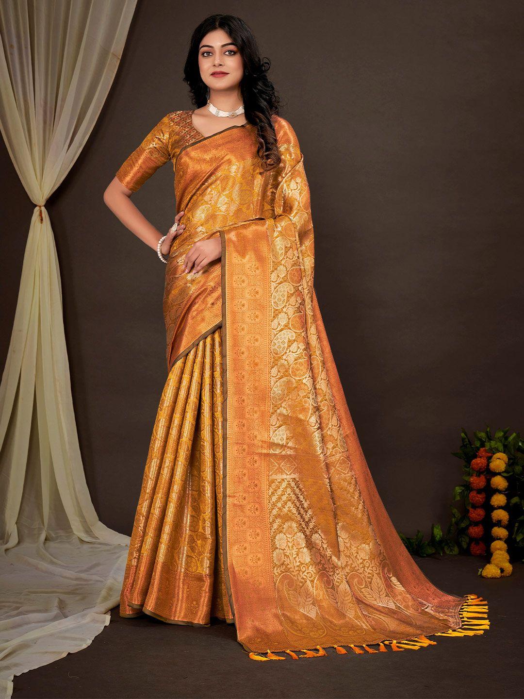 mitera mustard & gold-toned paisley woven design zari silk blend kanjeevaram saree