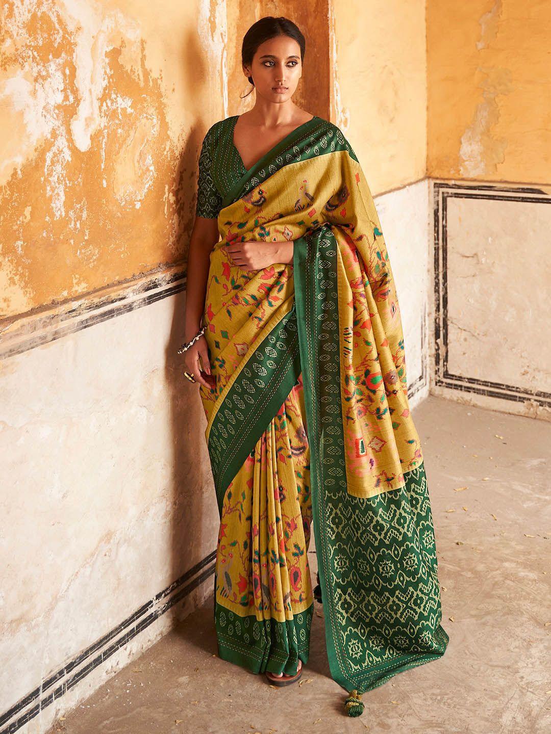 mitera mustard & green ethnic motifs silk blend bagru saree