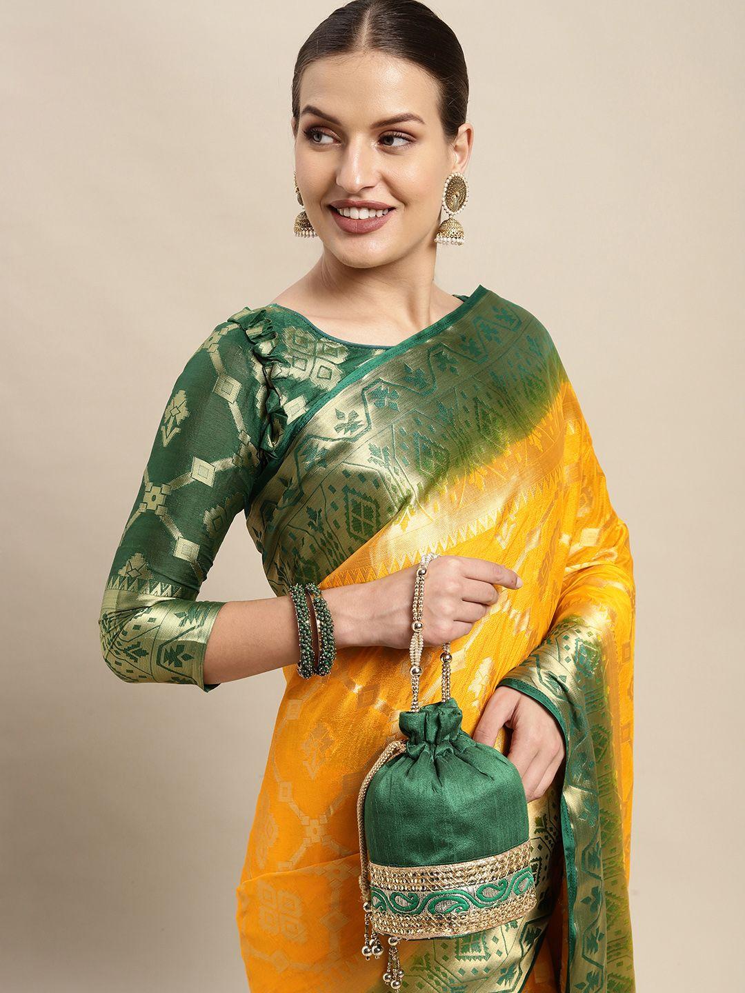 mitera mustard & green ethnic motifs silk blend saree