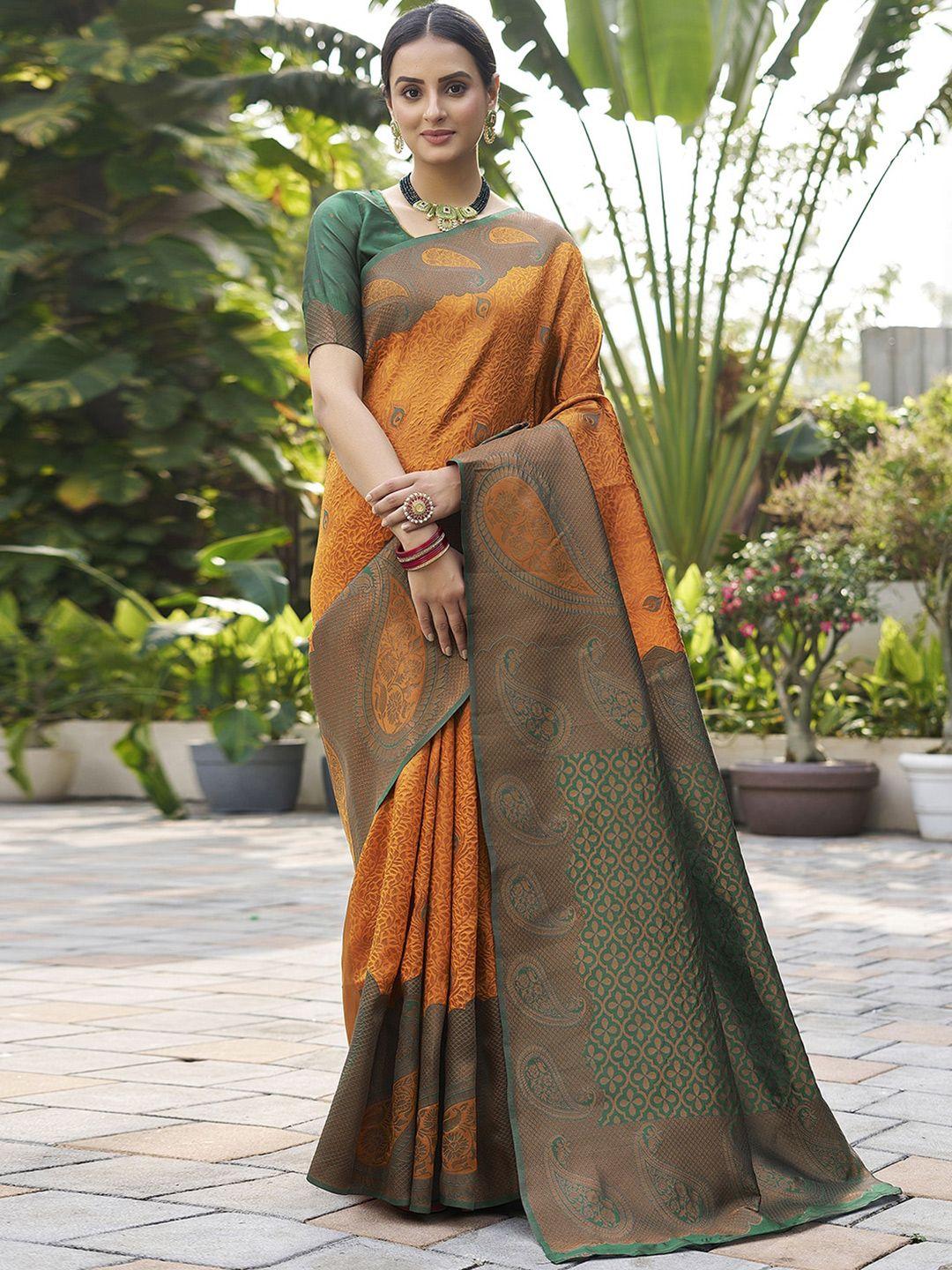 mitera mustard & green ethnic motifs woven design zari art silk saree