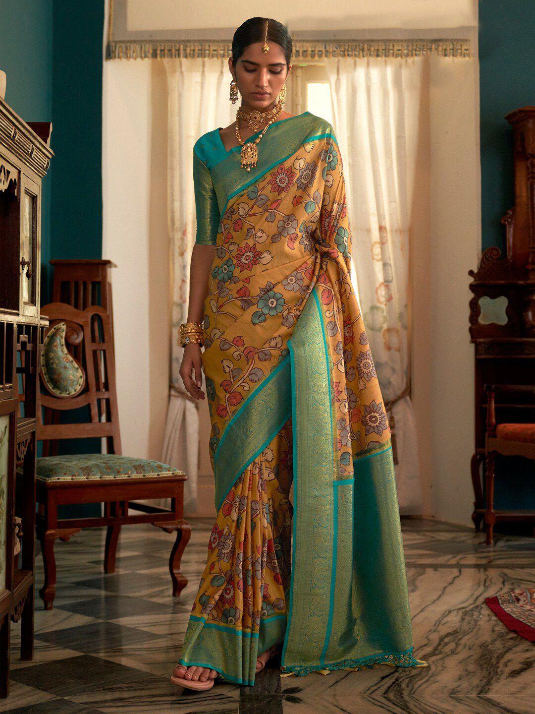 mitera mustard & green kalamkari printed zari banarasi saree