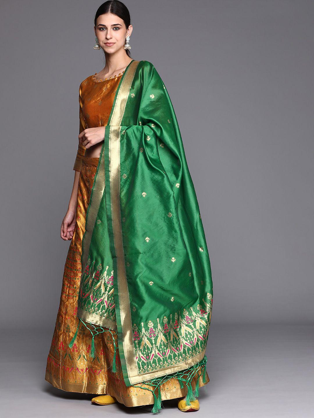 mitera mustard & green semi-stitched lehenga & unstitched blouse with dupatta
