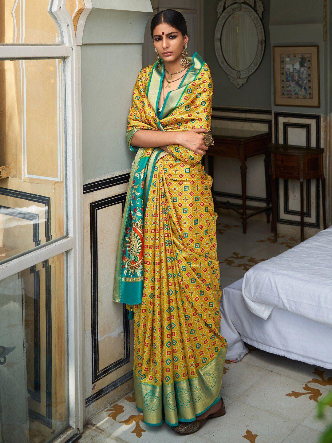 mitera mustard & green zari silk blend ikat saree