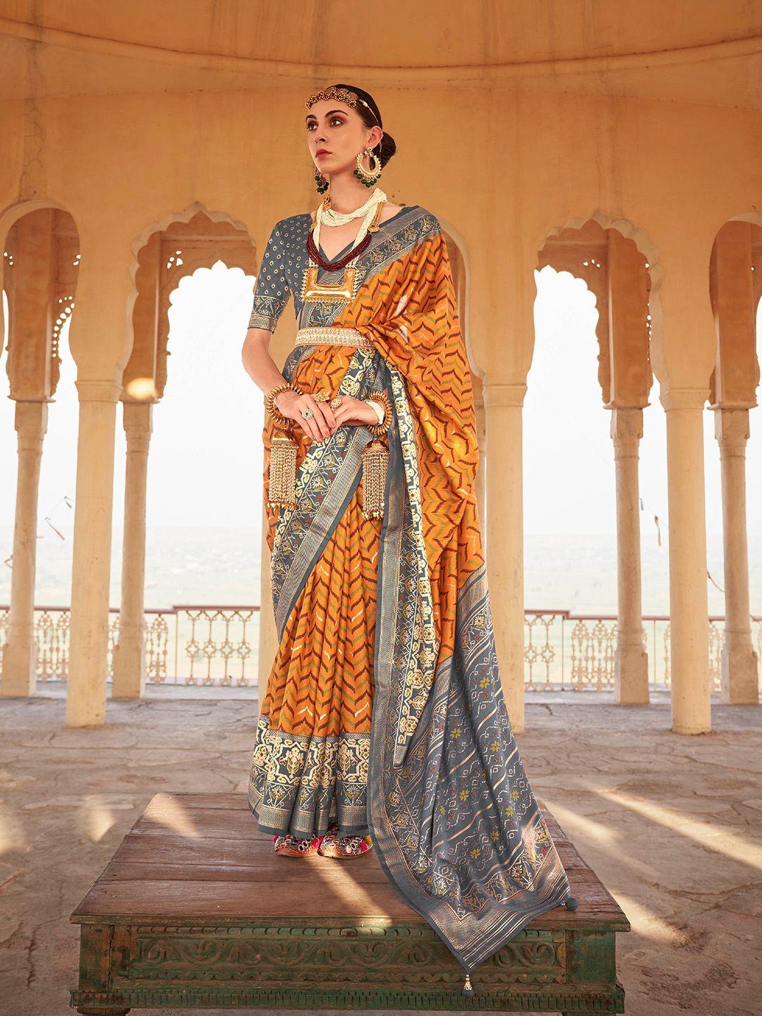 mitera mustard & grey striped zari silk blend saree