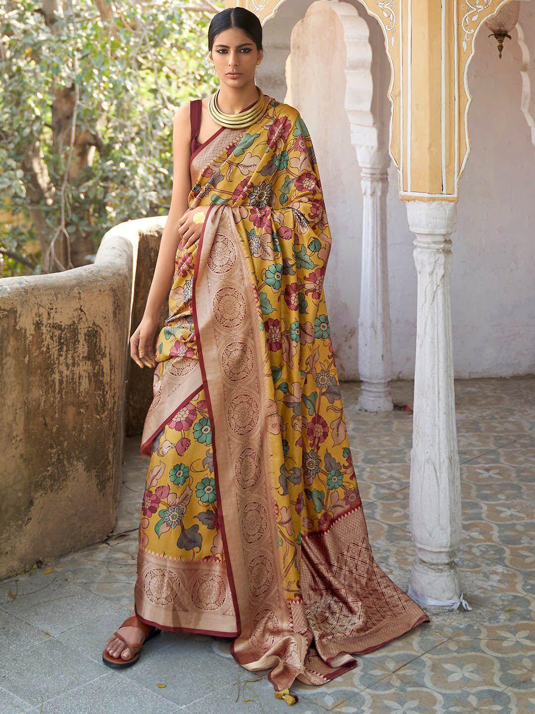 mitera mustard & maroon kalamkari zari silk blend sungudi saree