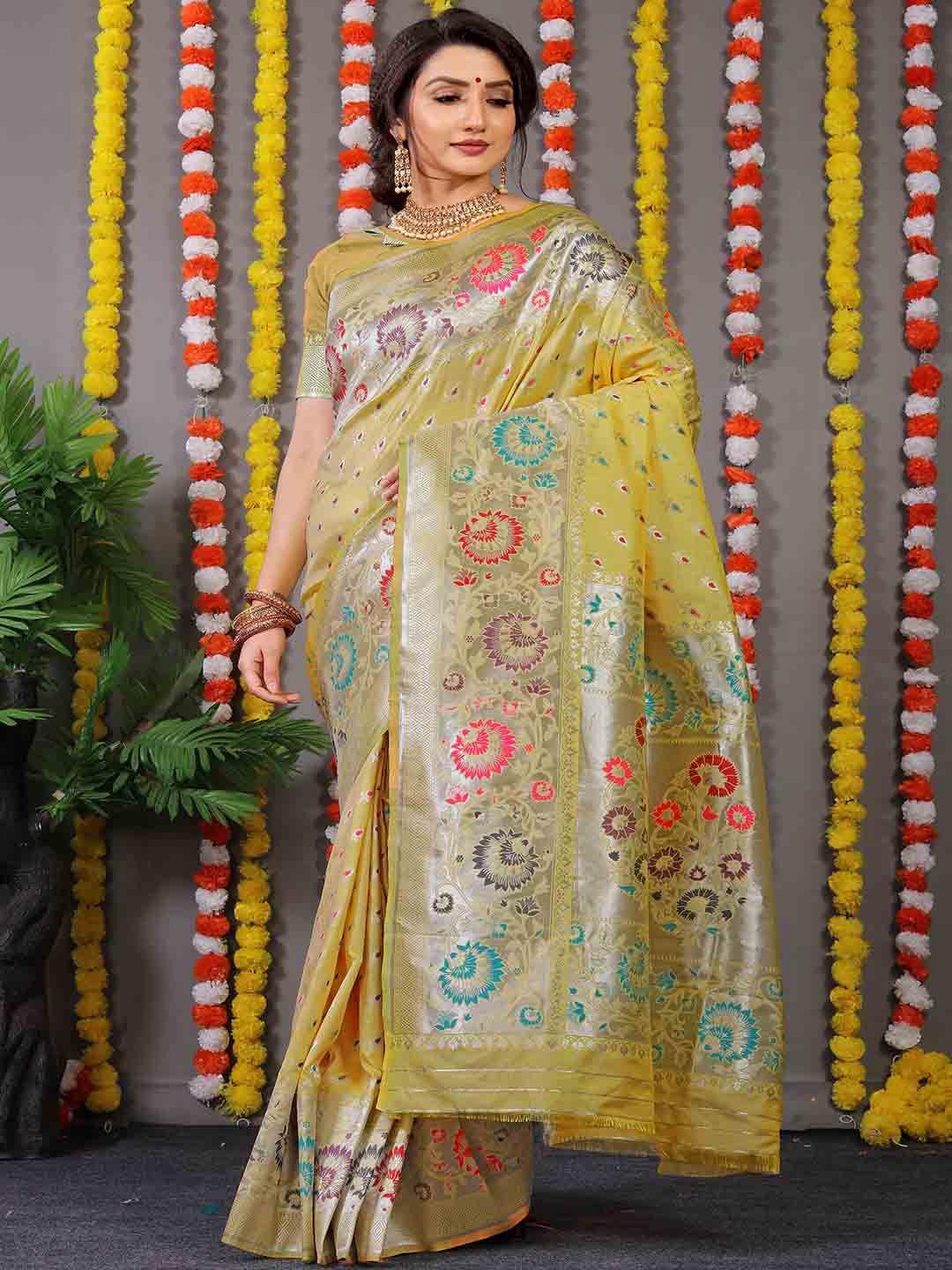 mitera mustard & pink floral woven design zari saree