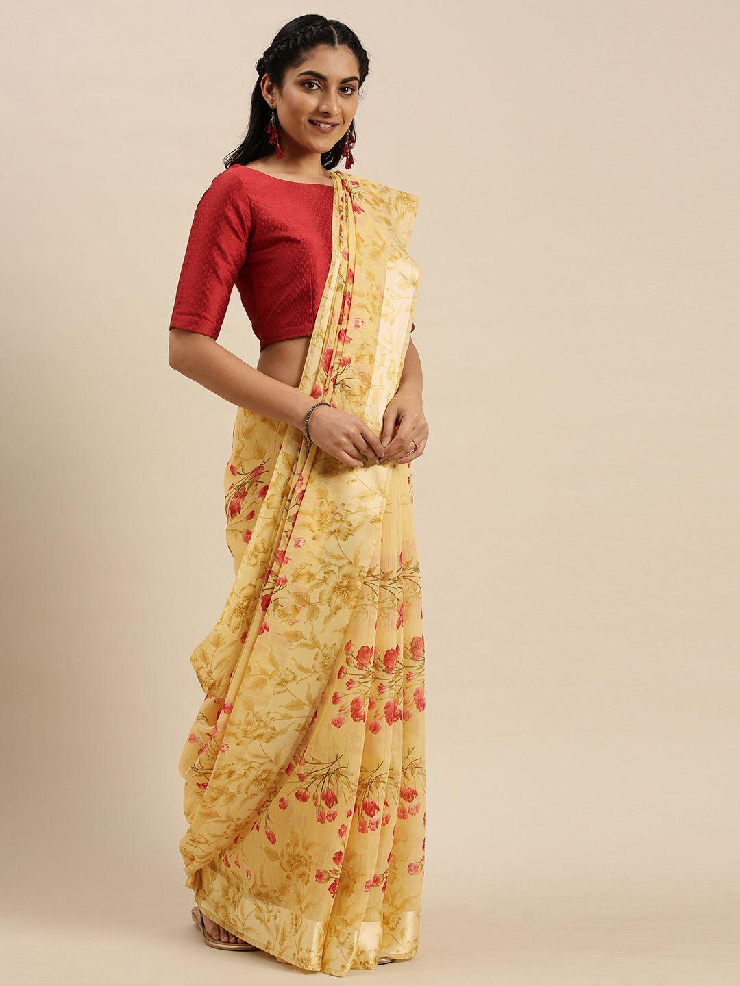 mitera mustard & pink printed saree