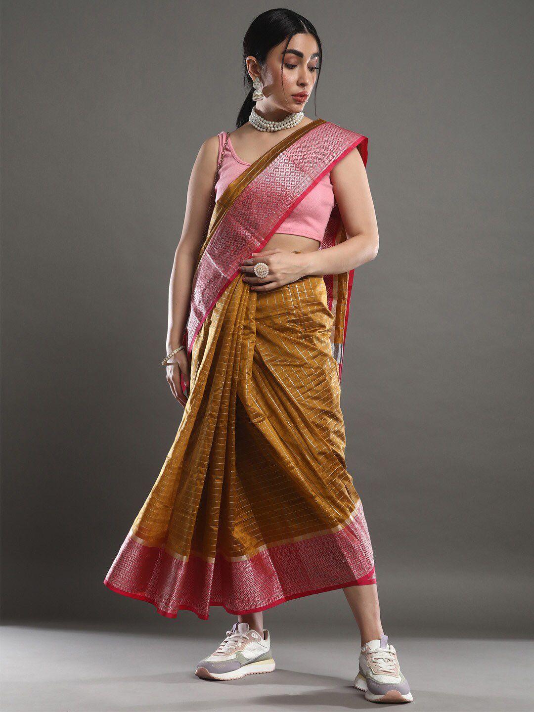 mitera mustard & pink woven design zari art silk taant saree