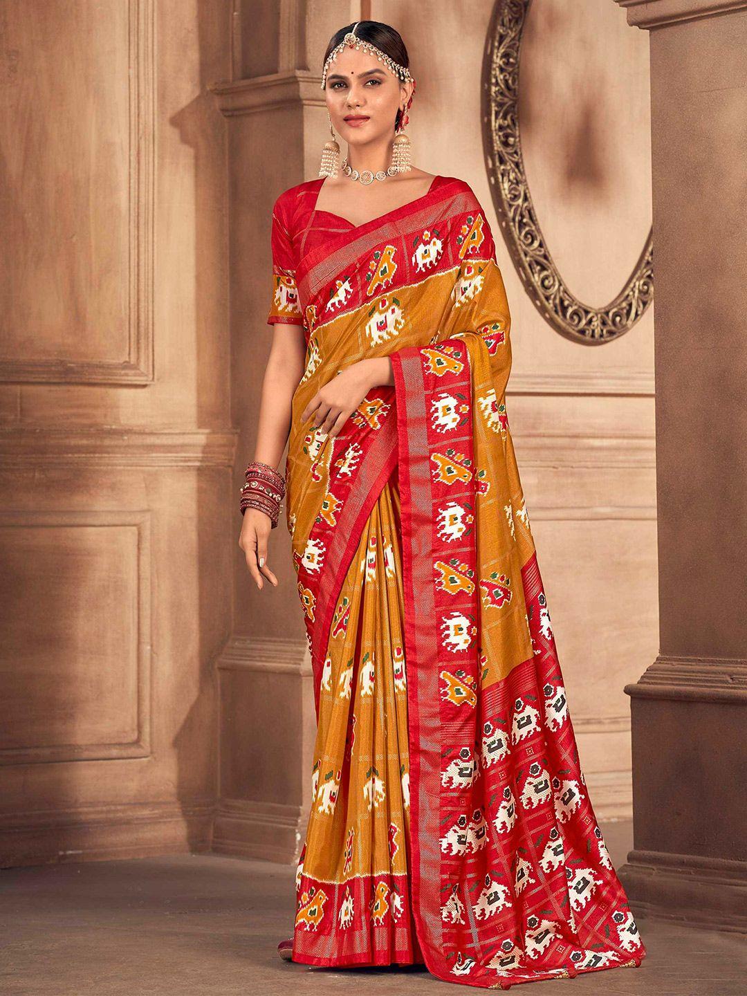 mitera mustard & red embellished silk blend patola saree