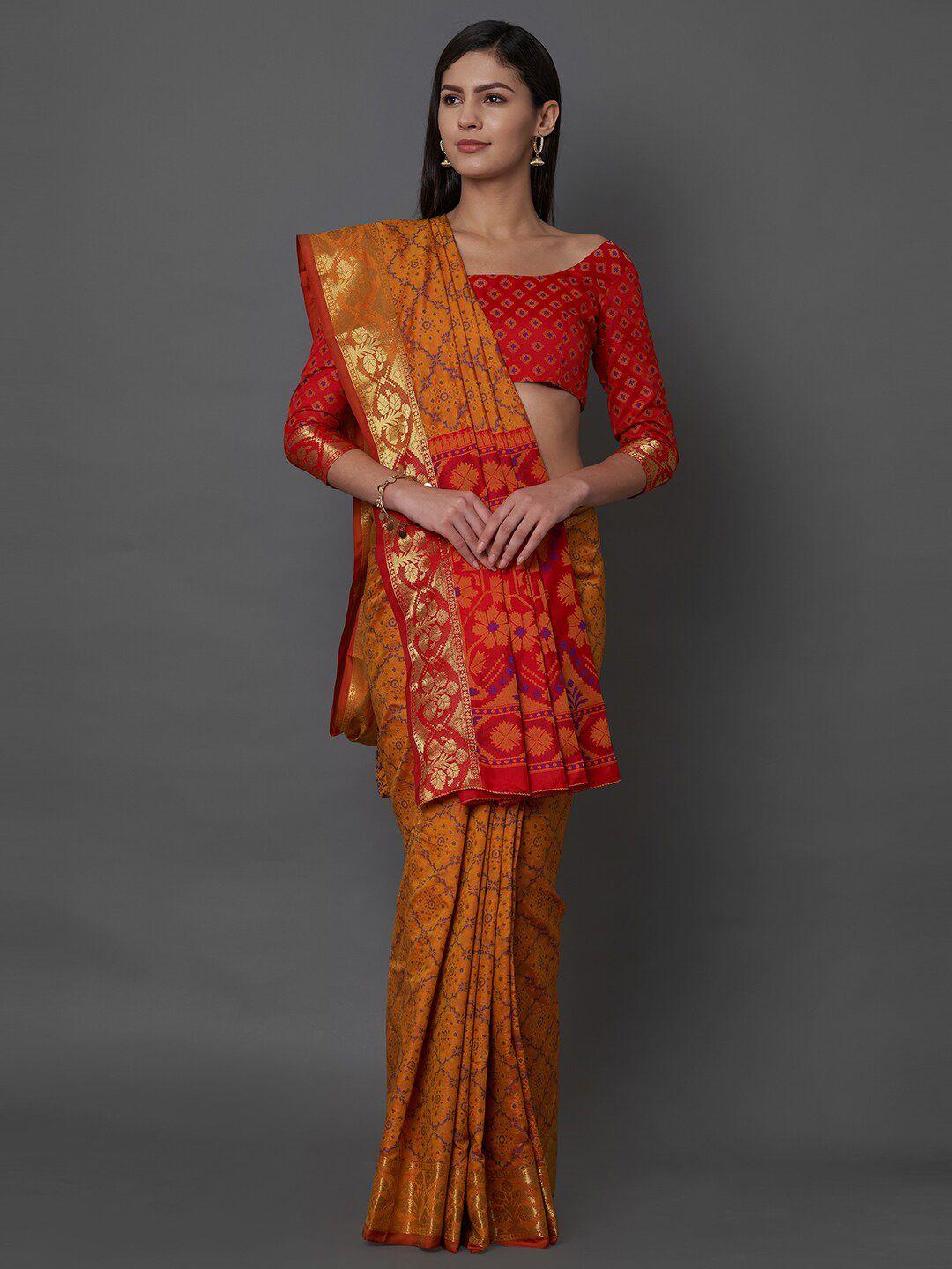 mitera mustard & red ethnic motifs zari silk blend banarasi saree