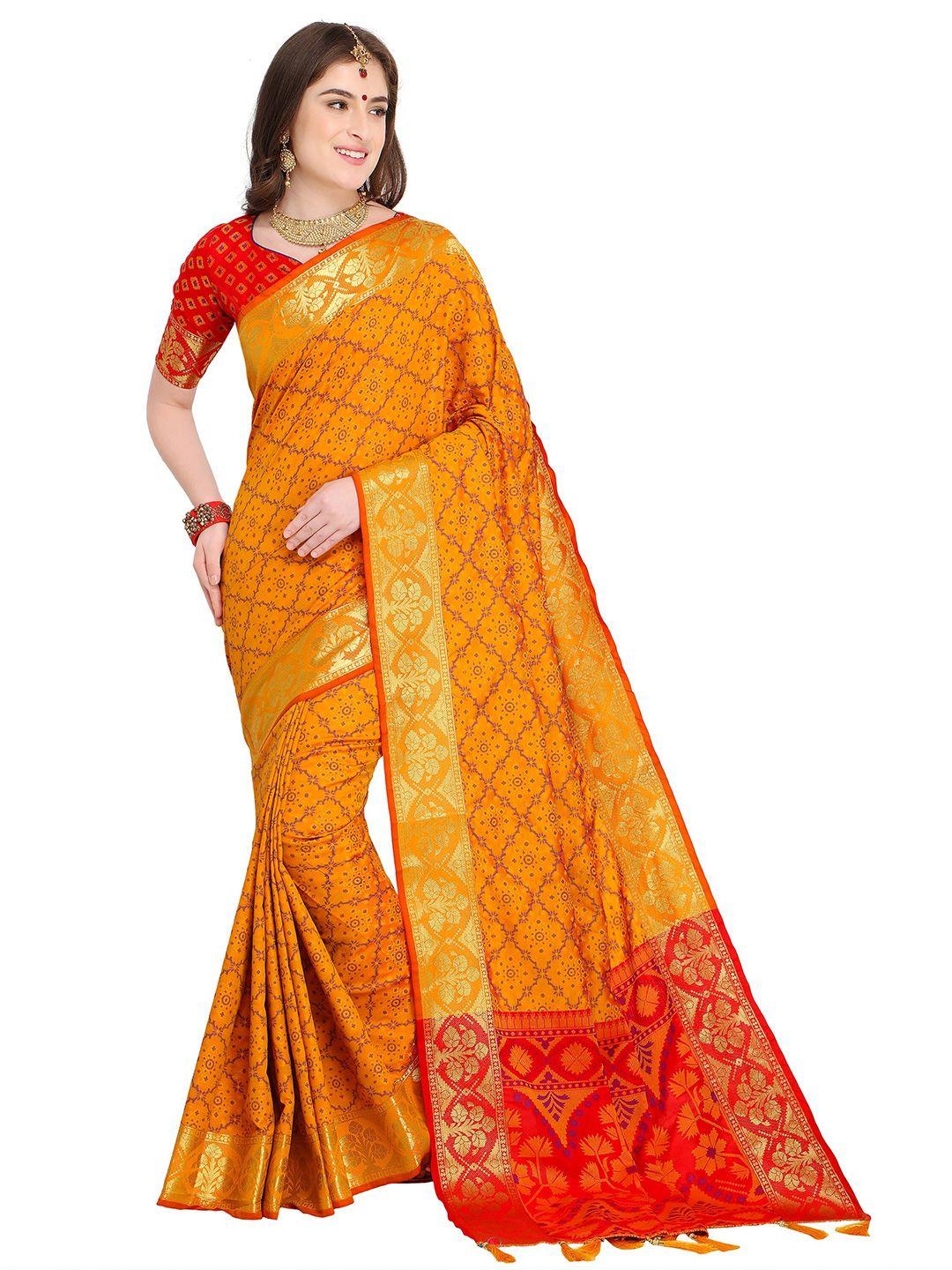 mitera mustard & red floral zari silk blend kanjeevaram saree