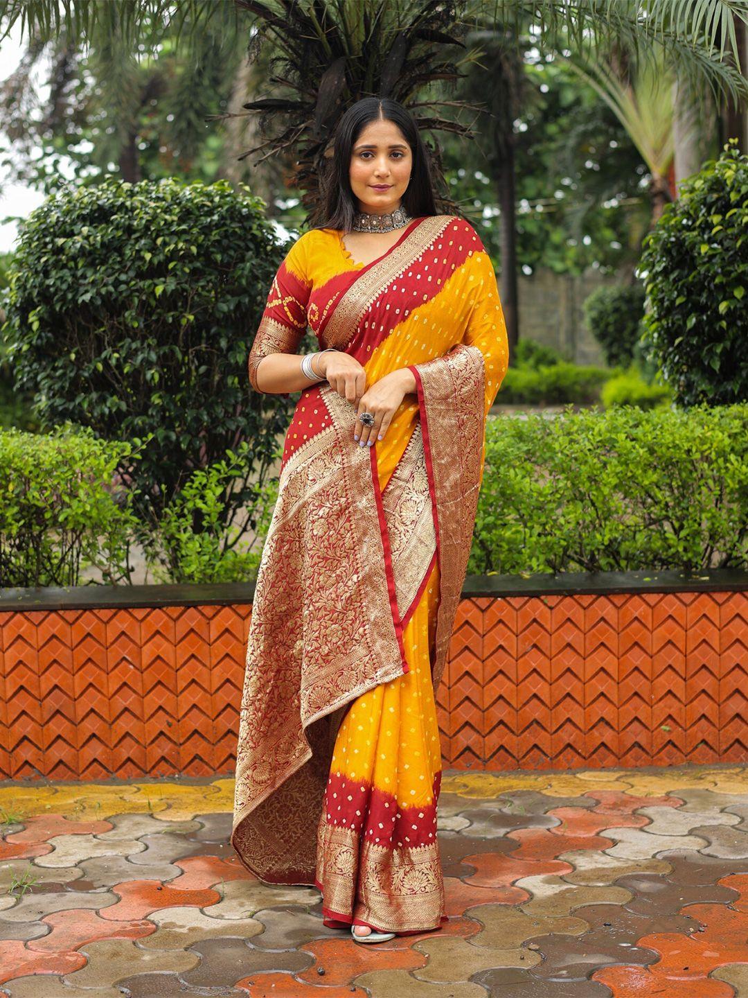 mitera mustard & red printed zari bandhani saree