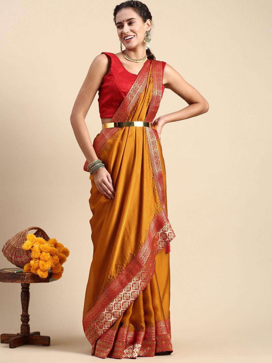 mitera mustard & red striped embroidered silk blend saree