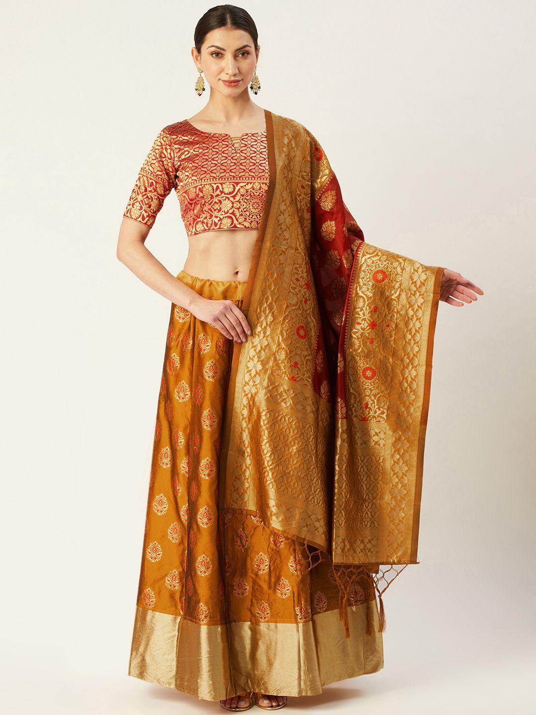 mitera mustard & red woven design semi-stitched lehenga & unstitched blouse with dupatta