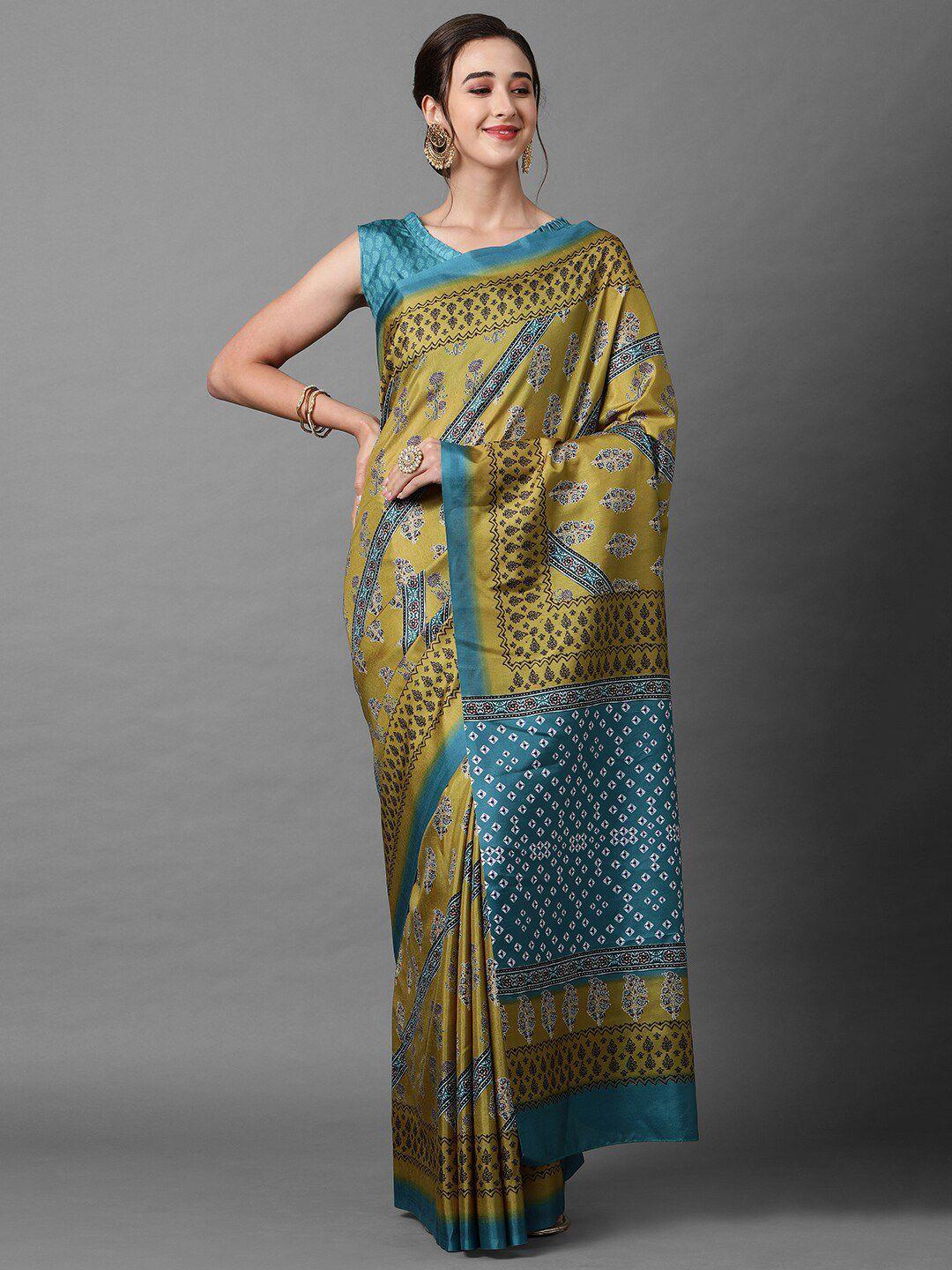 mitera mustard & teal ethnic motifs silk blend saree