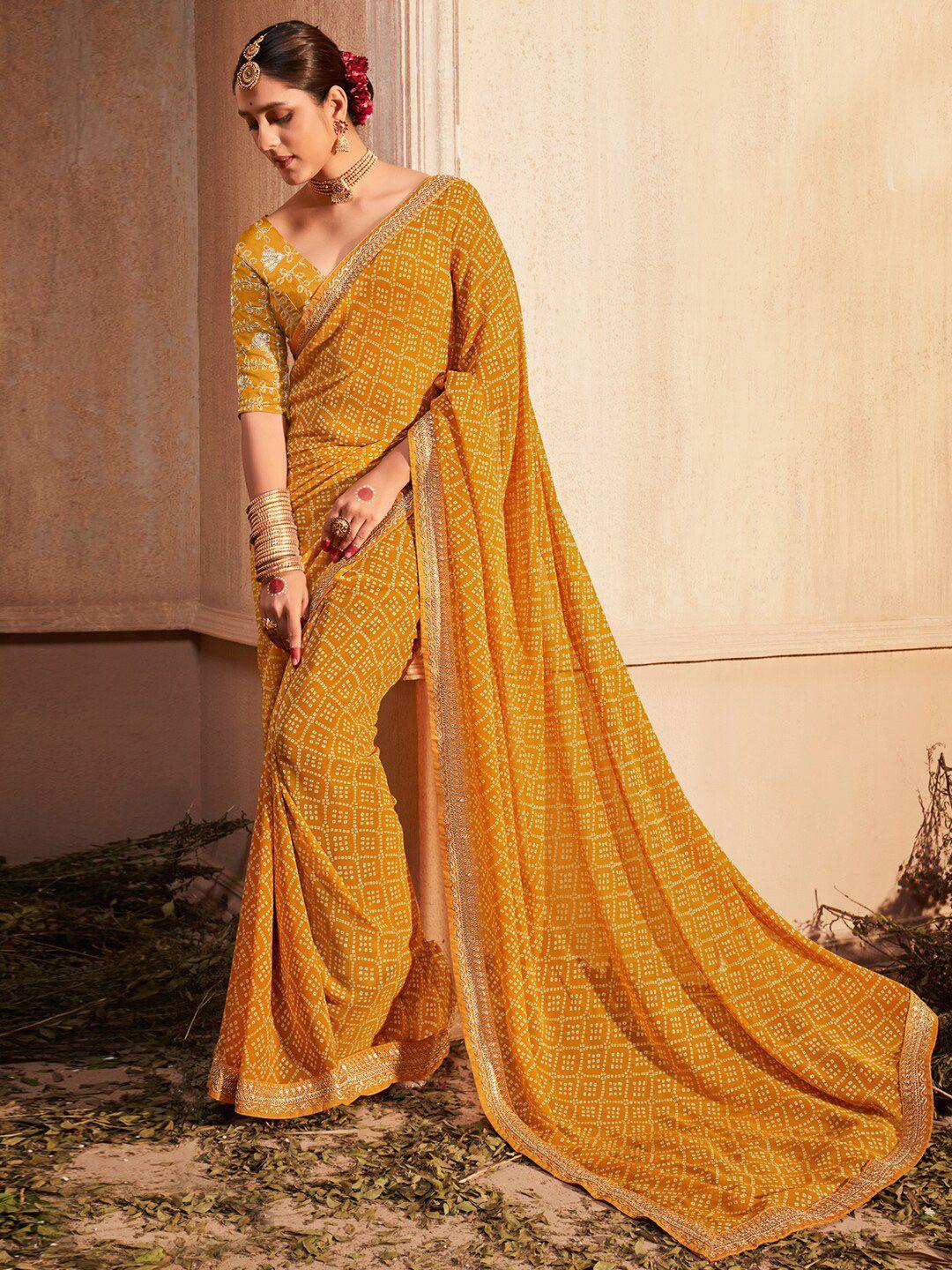 mitera mustard & white bandhani printed pure georgette saree