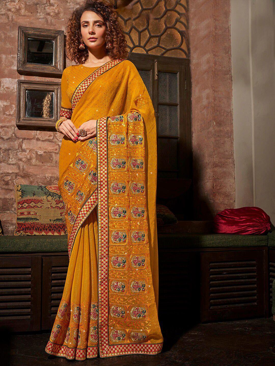 mitera mustard embellished embroidered pure chiffon designer saree