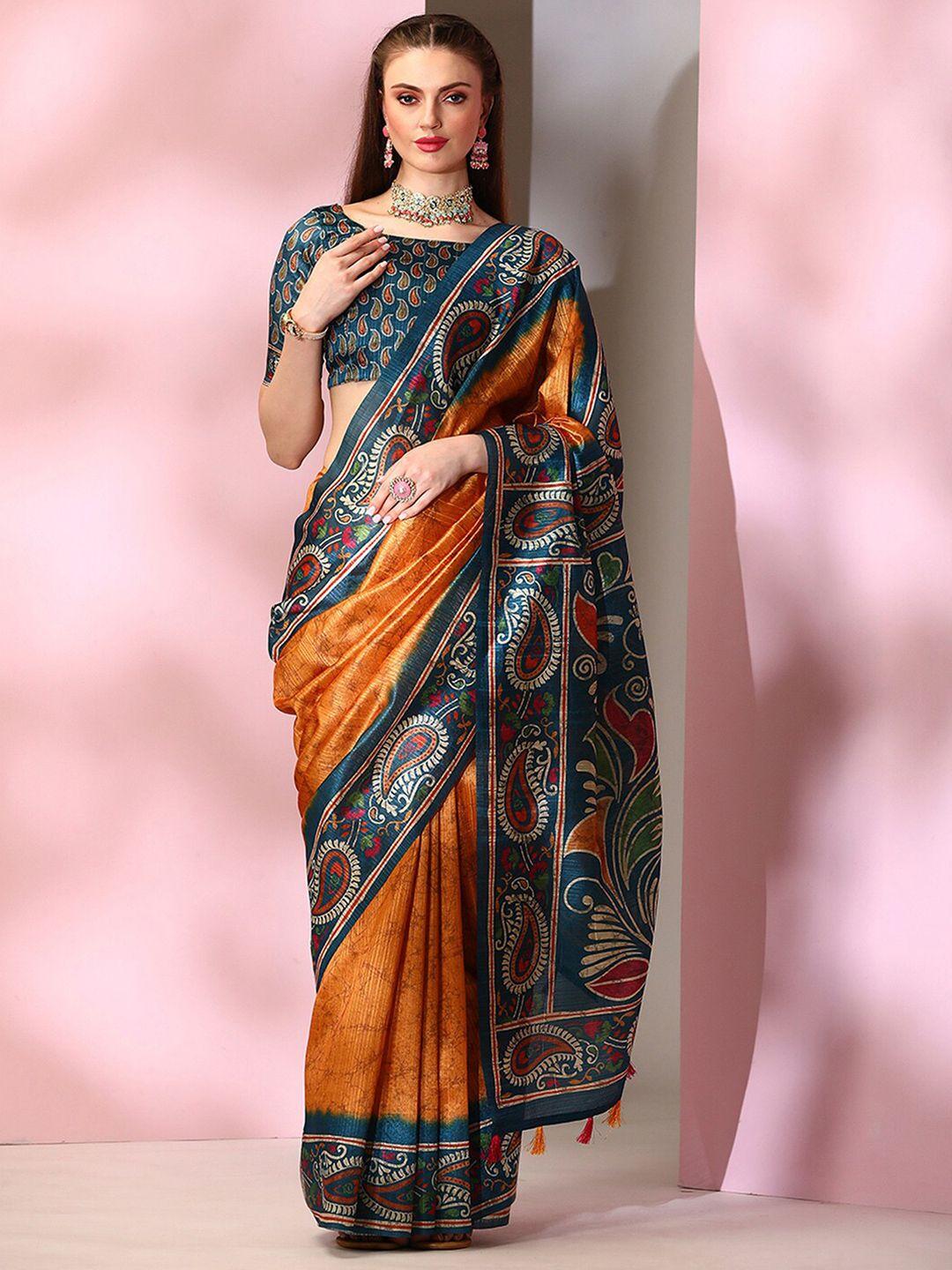 mitera mustard ethnic motifs printed dabu saree