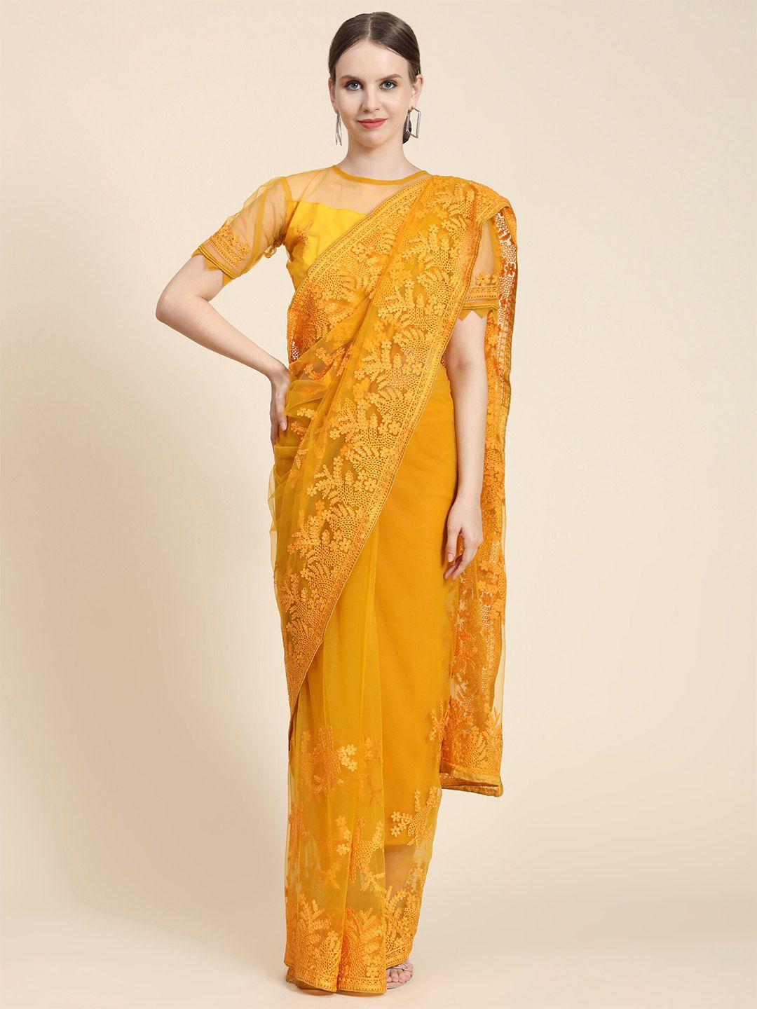 mitera mustard floral embroidered net saree