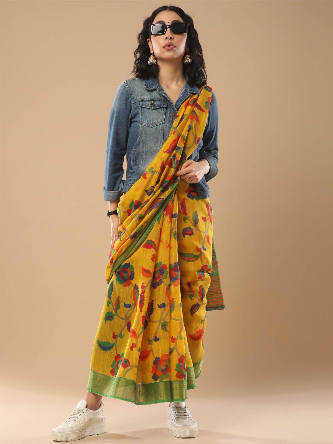 mitera mustard floral printed silk cotton saree