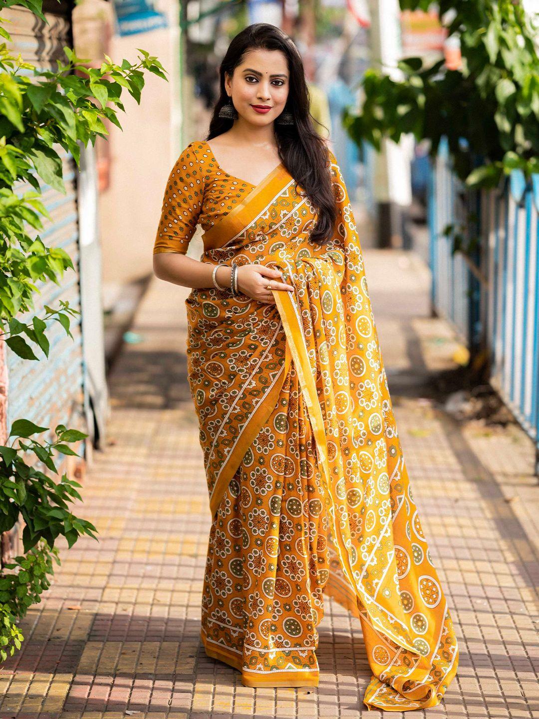 mitera mustard floral printed zari cotton blend saree