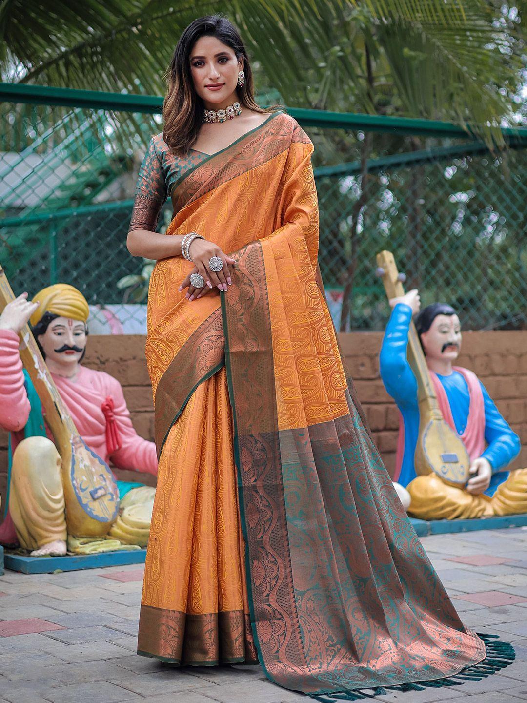 mitera mustard paisley woven design zari kanjeevaram saree