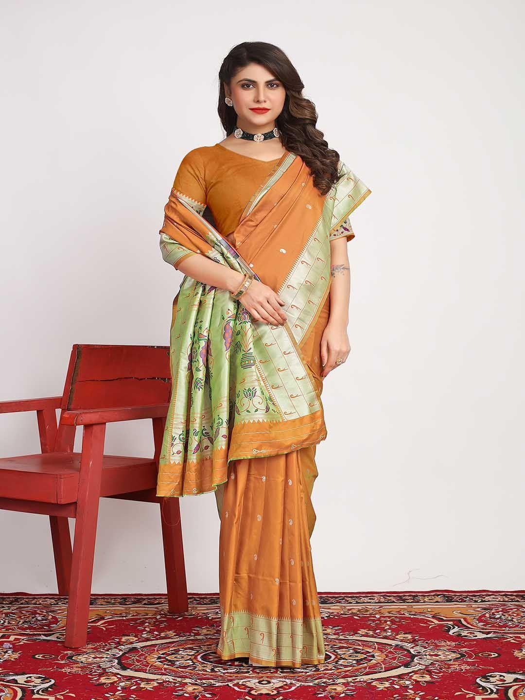 mitera mustard yellow & green paisley woven design zari saree