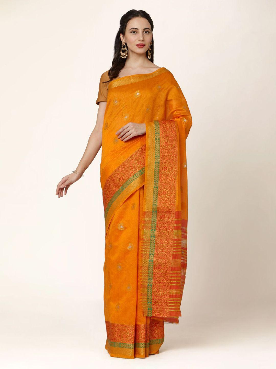 mitera mustard yellow & orange silk blend woven design saree