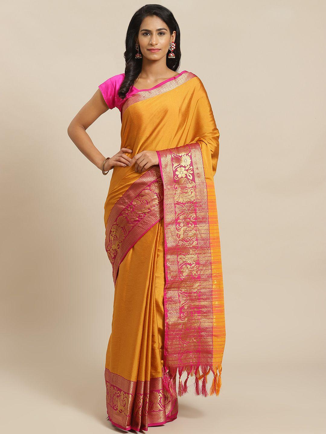 mitera mustard yellow & pink solid banarasi saree