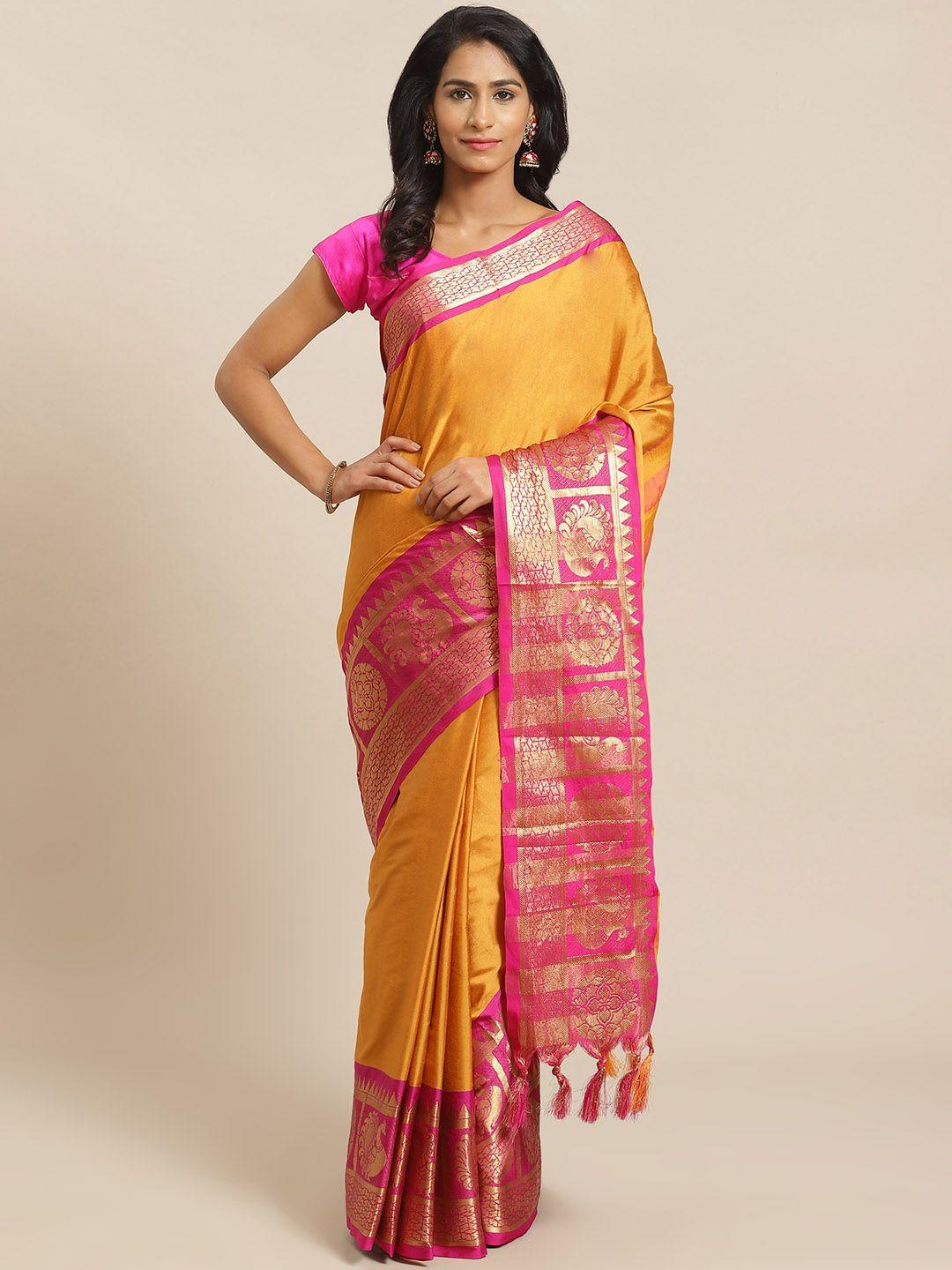 mitera mustard yellow & pink solid banarasi saree