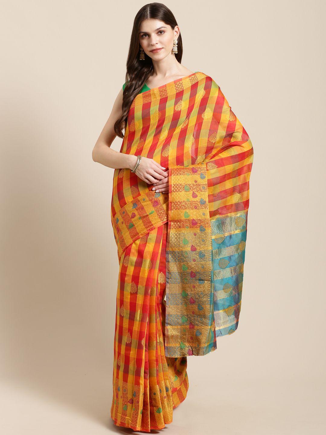 mitera mustard yellow & red checked saree