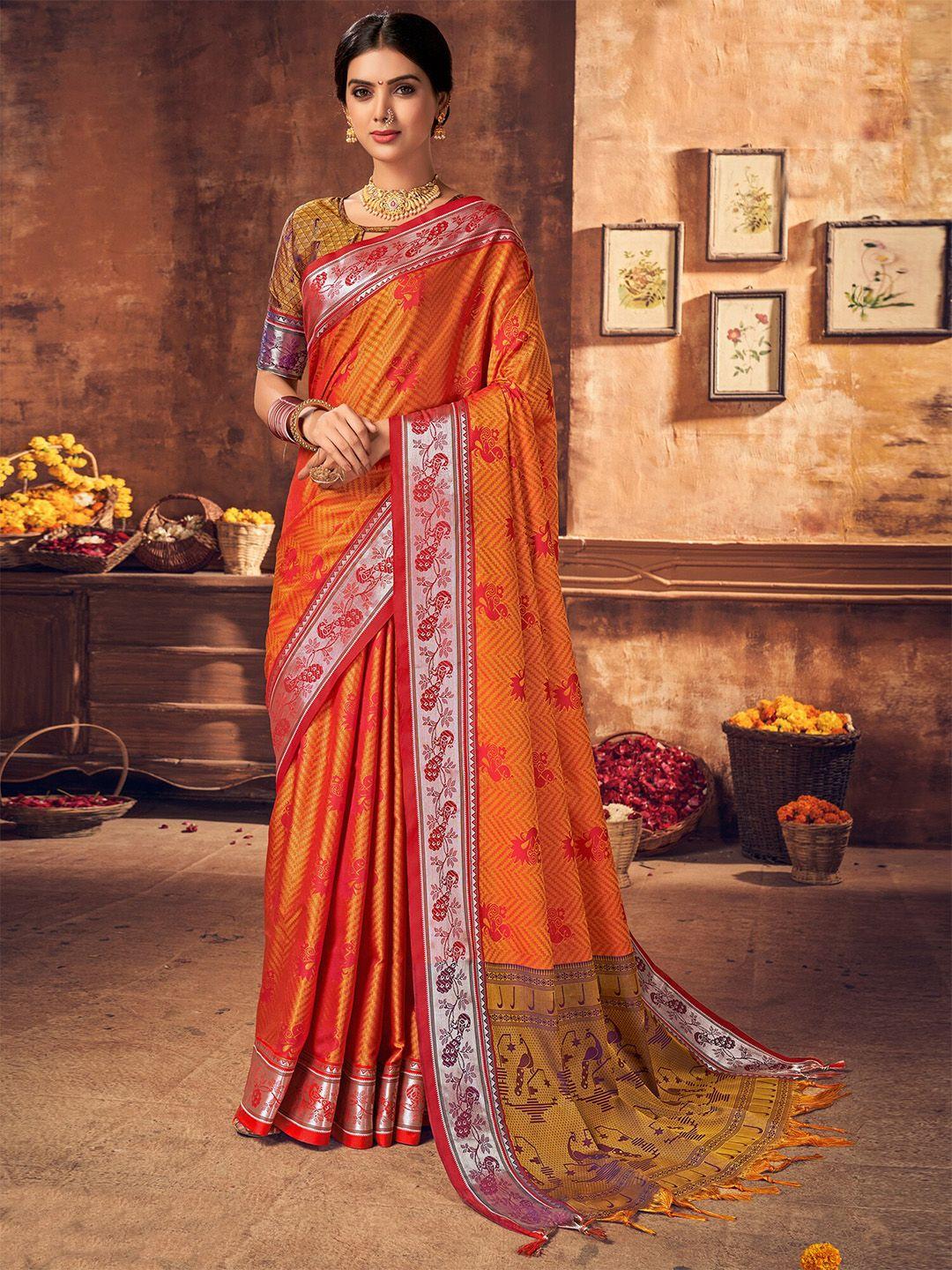 mitera mustard yellow & red ethnic motifs woven design zari kanjeevaram saree