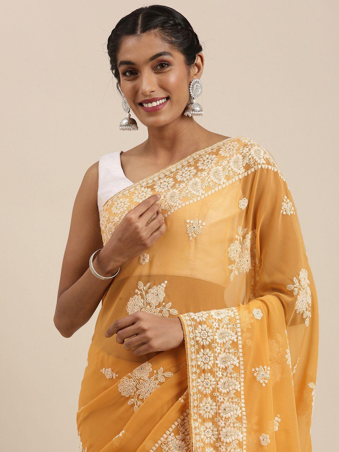 mitera mustard yellow & white ethnic motifs embroidered pure georgette saree