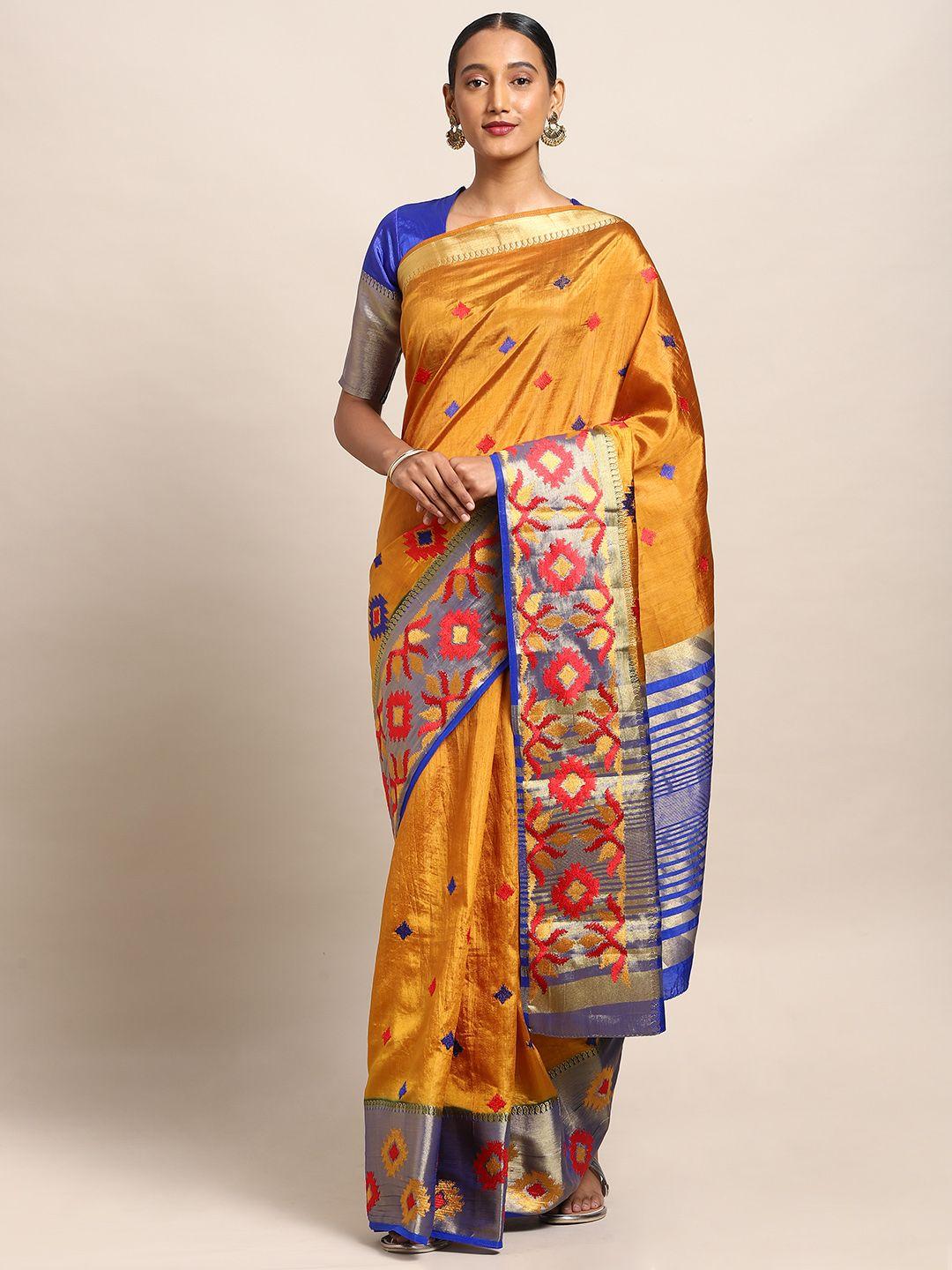 mitera mustard yellow art silk embroidered kanjeevaram saree