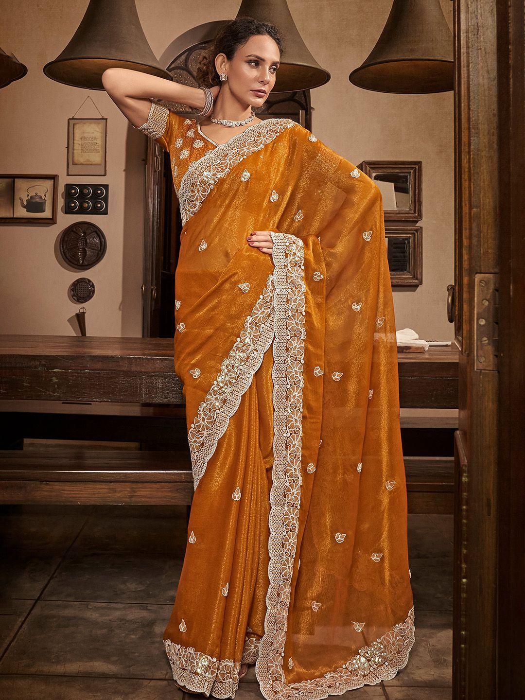 mitera mustard yellow floral embroidered sequinned pure chiffon saree